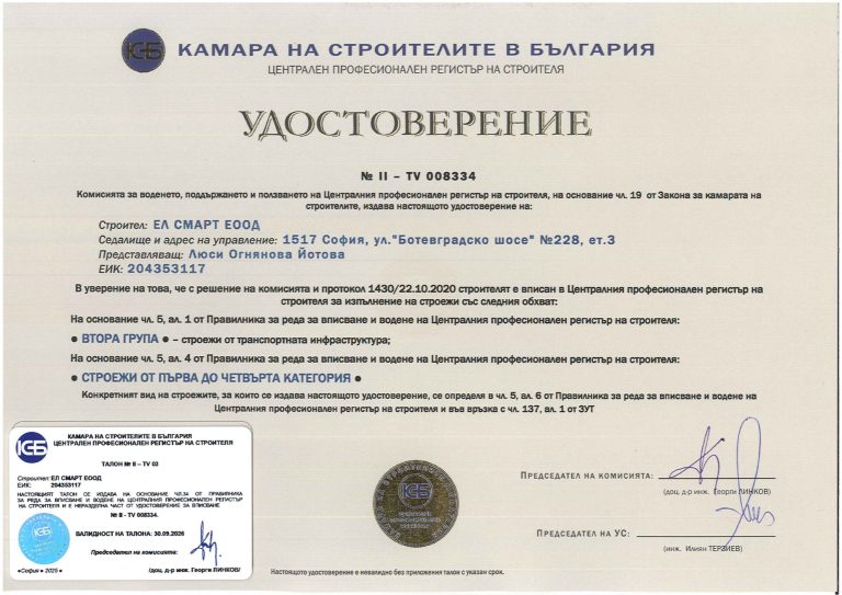 Удостоверение КСБ Група II на Ел Смарт ЕООД