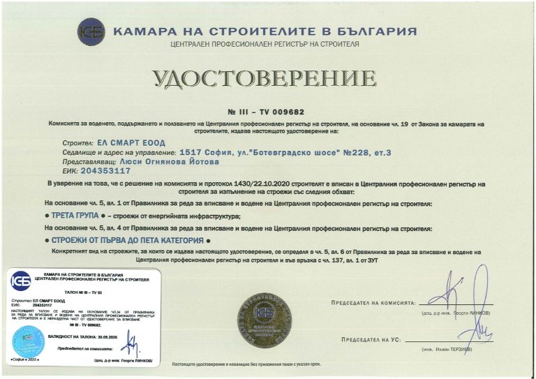 Удостоверение КСБ Група III на Ел Смарт ЕООД